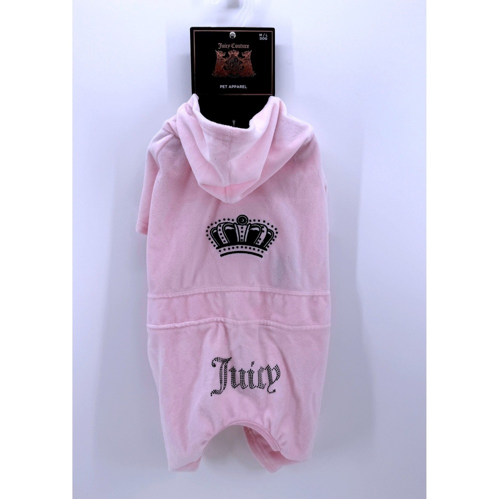 Juicy Couture Pink Velour Dog Tracksuit Crown Rhinestone Hoodie M/L Dog Pet